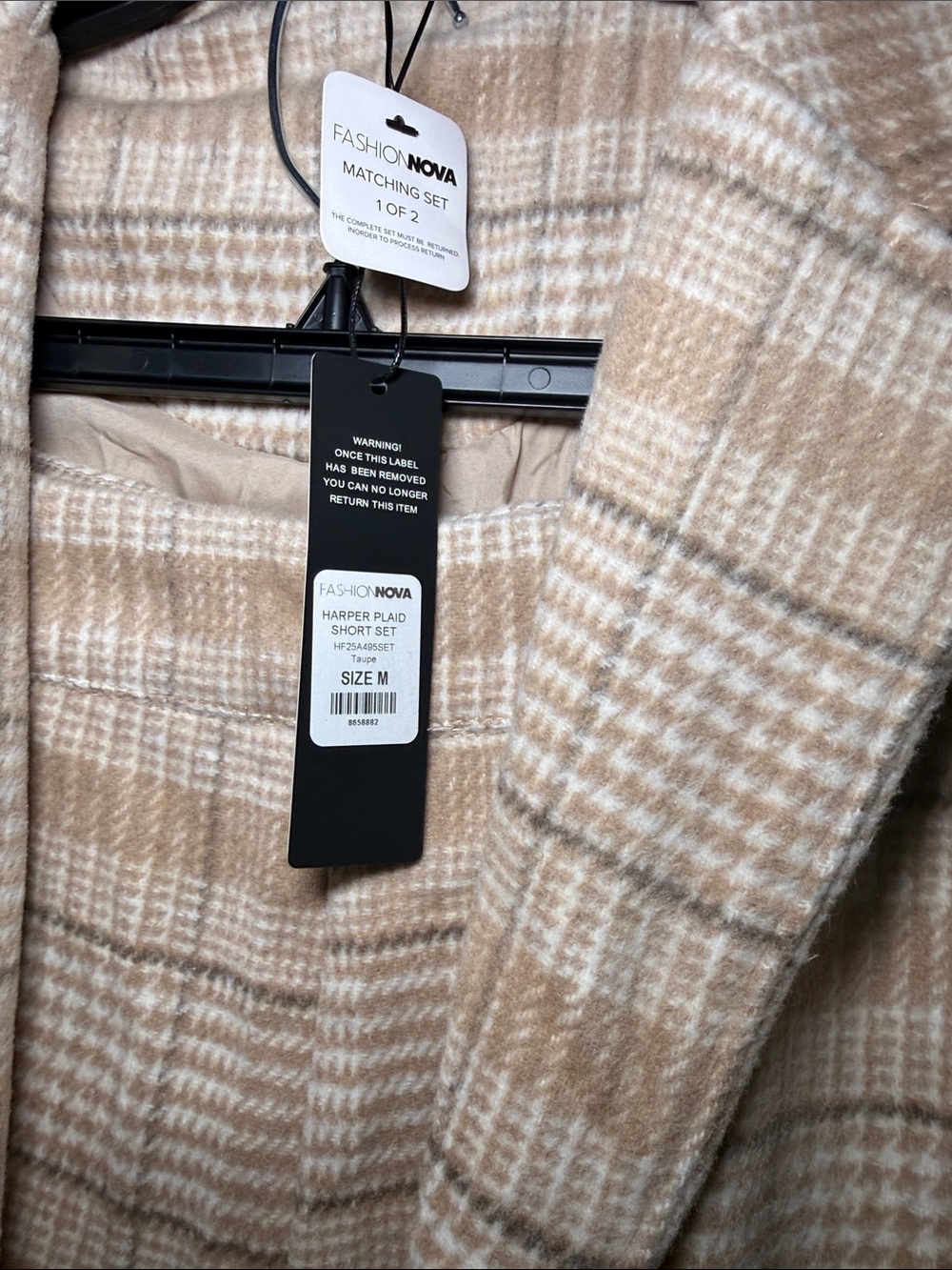 Fashion Nova Beige Plaid Long Coat Jumpsuit Set - Picture 4 of 5